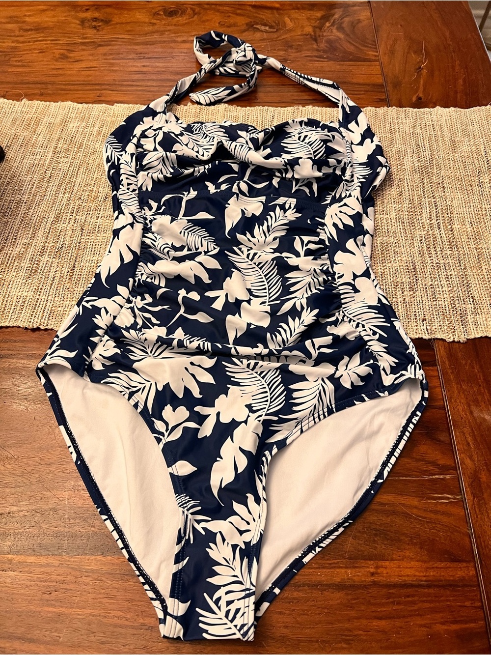 Navy & White Tropical Halter One-Piece Swimsuit